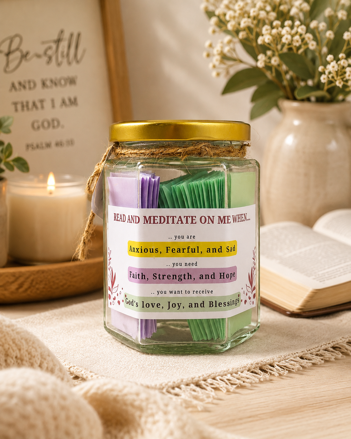 Emunah Faith Jar filled with folded Scripture cards
